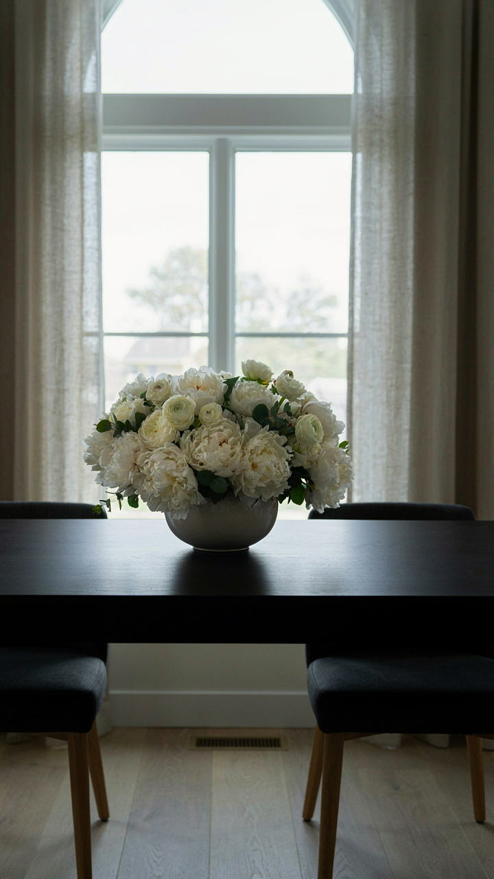 A bright white flower centerpiece on a dark dining table.