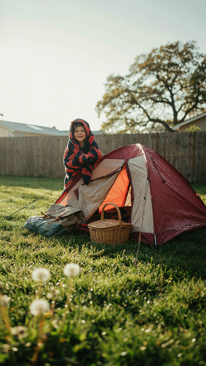 A young child bundled in a sleeping bag peeks from a backyard tent.