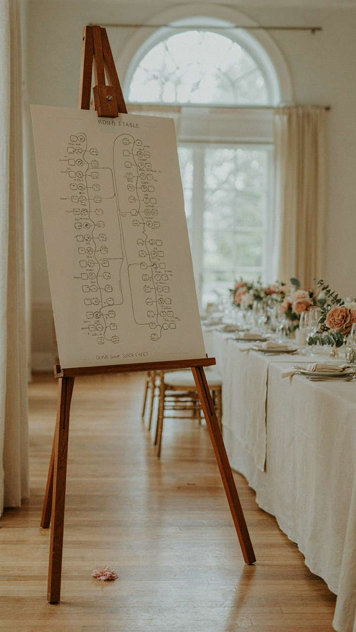 An elegant seating chart for a long table, showing strategic guest placement.