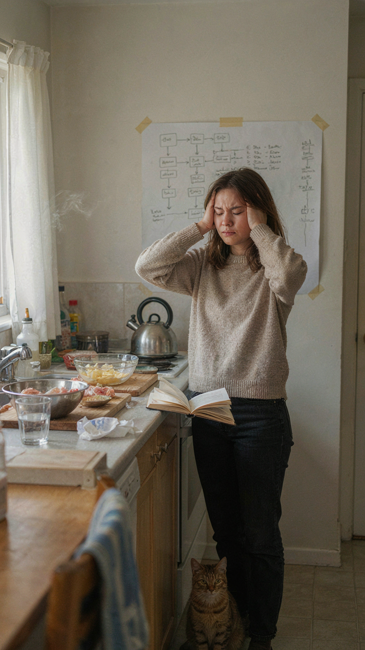 A person looks stressed in a messy kitchen with too many dishes to prepare.