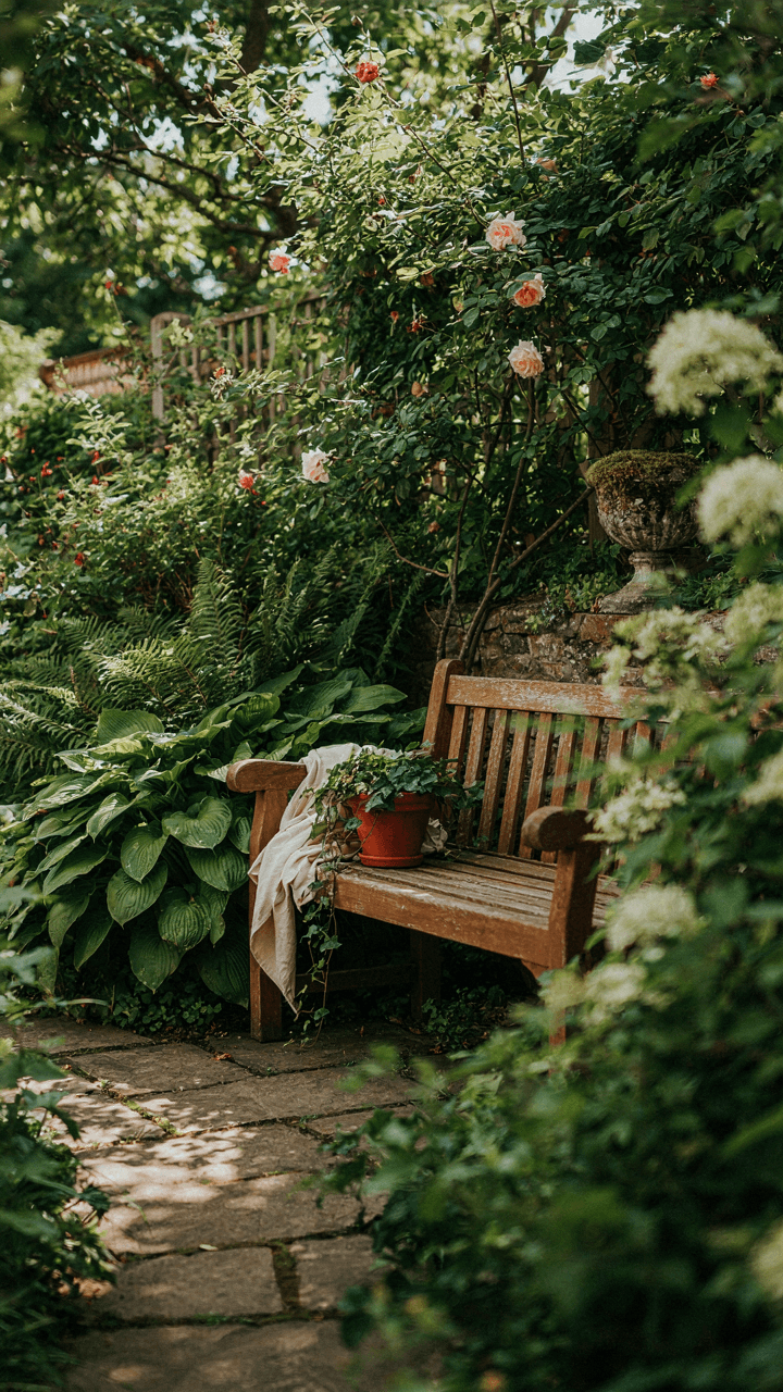 A cozy seating area in a shady garden retreat corner, surrounded by plants.