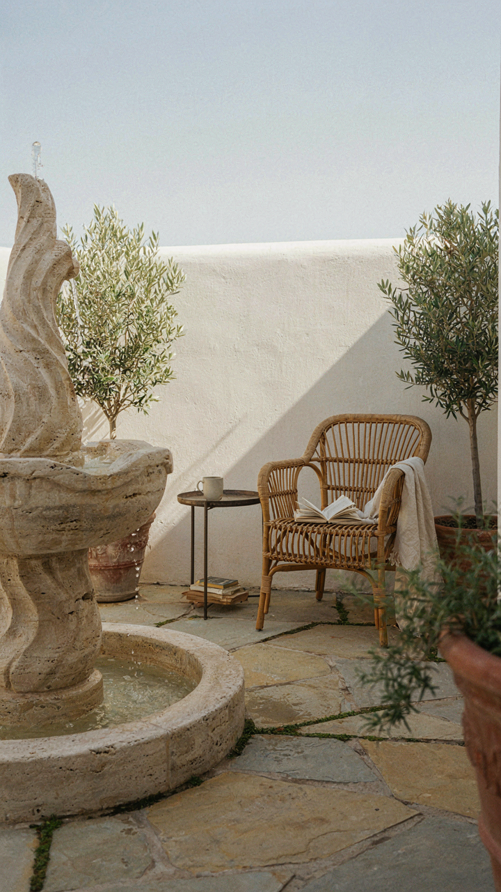 An asymmetrical corner patio with a fountain and a single chair.