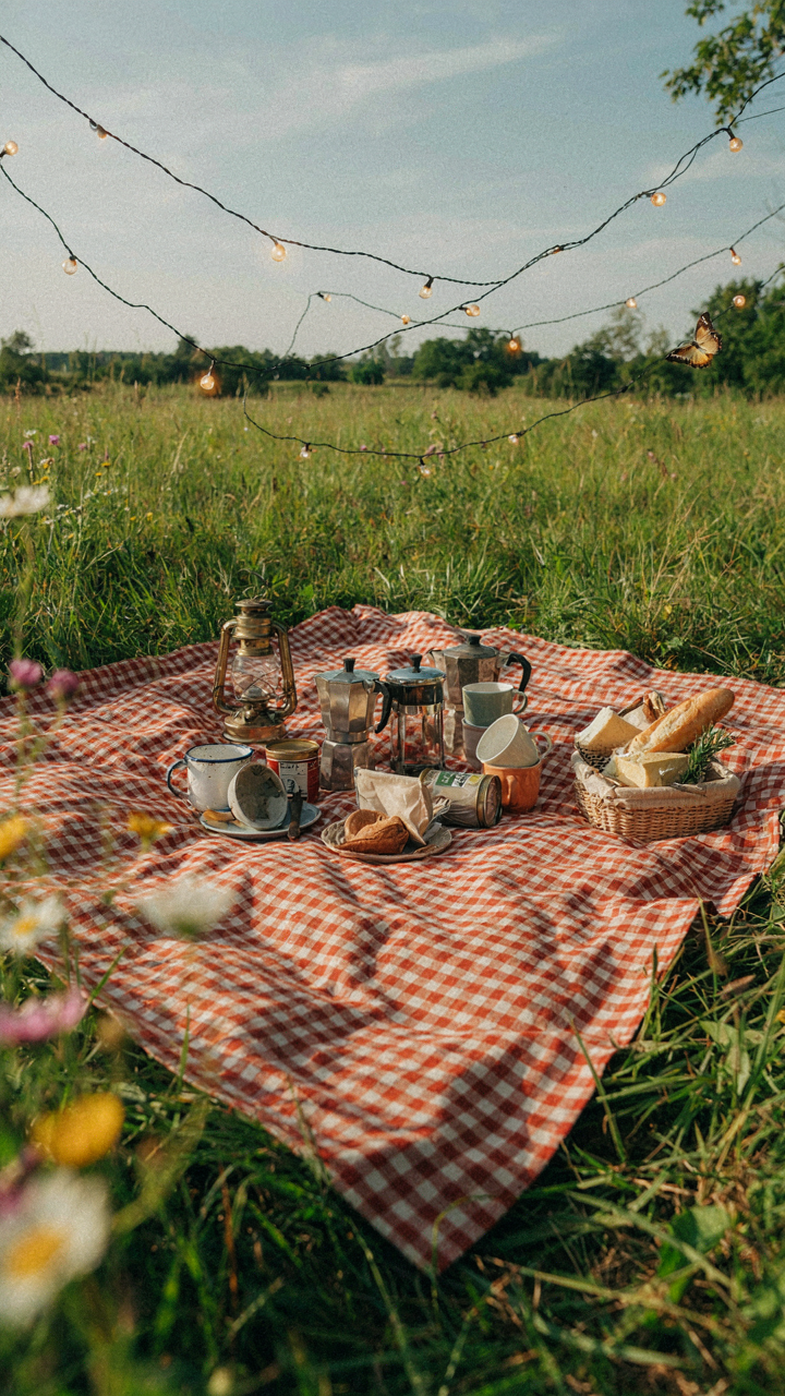 An over-accessorized camping scene with many decorative items and coffee gear.