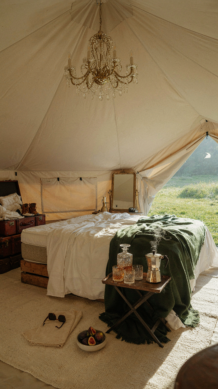 A tent is overly filled with too much expensive camping gear.