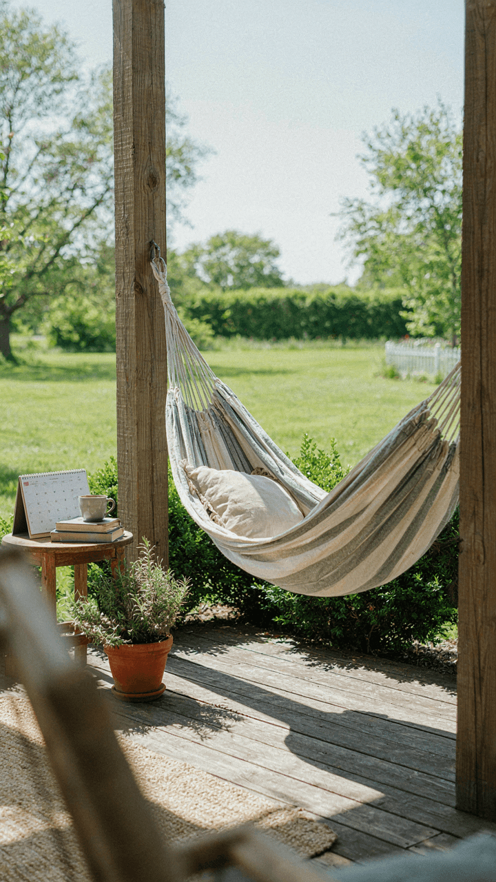 An empty, beautifully designed backyard hammock nook with a marked calendar.