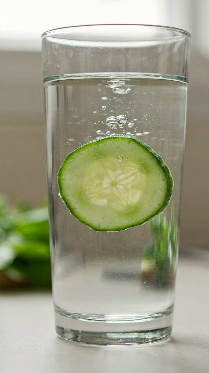 A close-up shows a cucumber slice submerged in clear water with tiny bubbles.