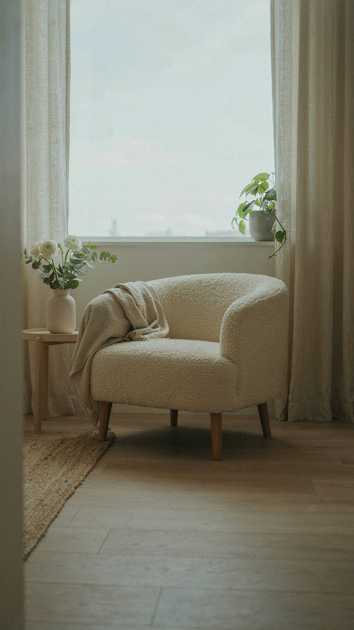 A minimalist, elegant living room with a single armchair and a small vase of flowers.