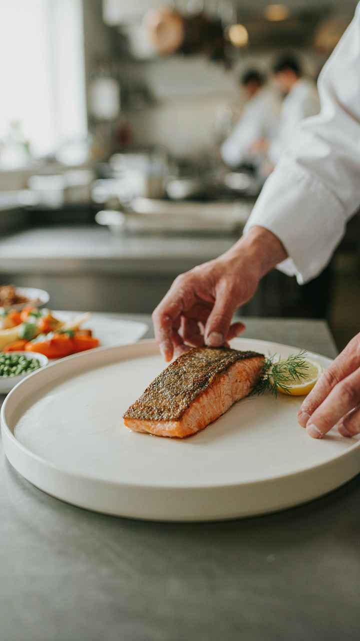 A chef places a salmon centerpiece dish, with other food blurred around it.
