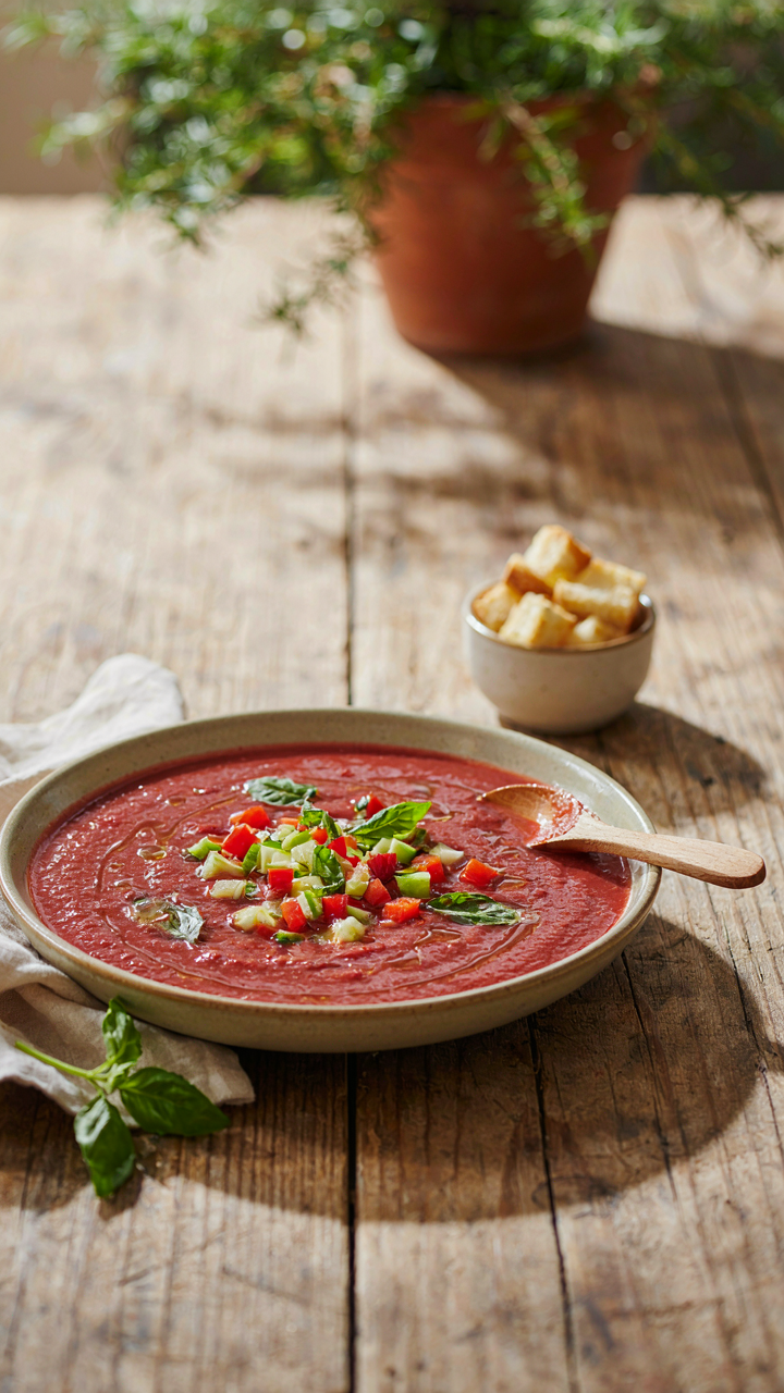 A vibrant bowl of cold gazpacho soup has fresh herbs.