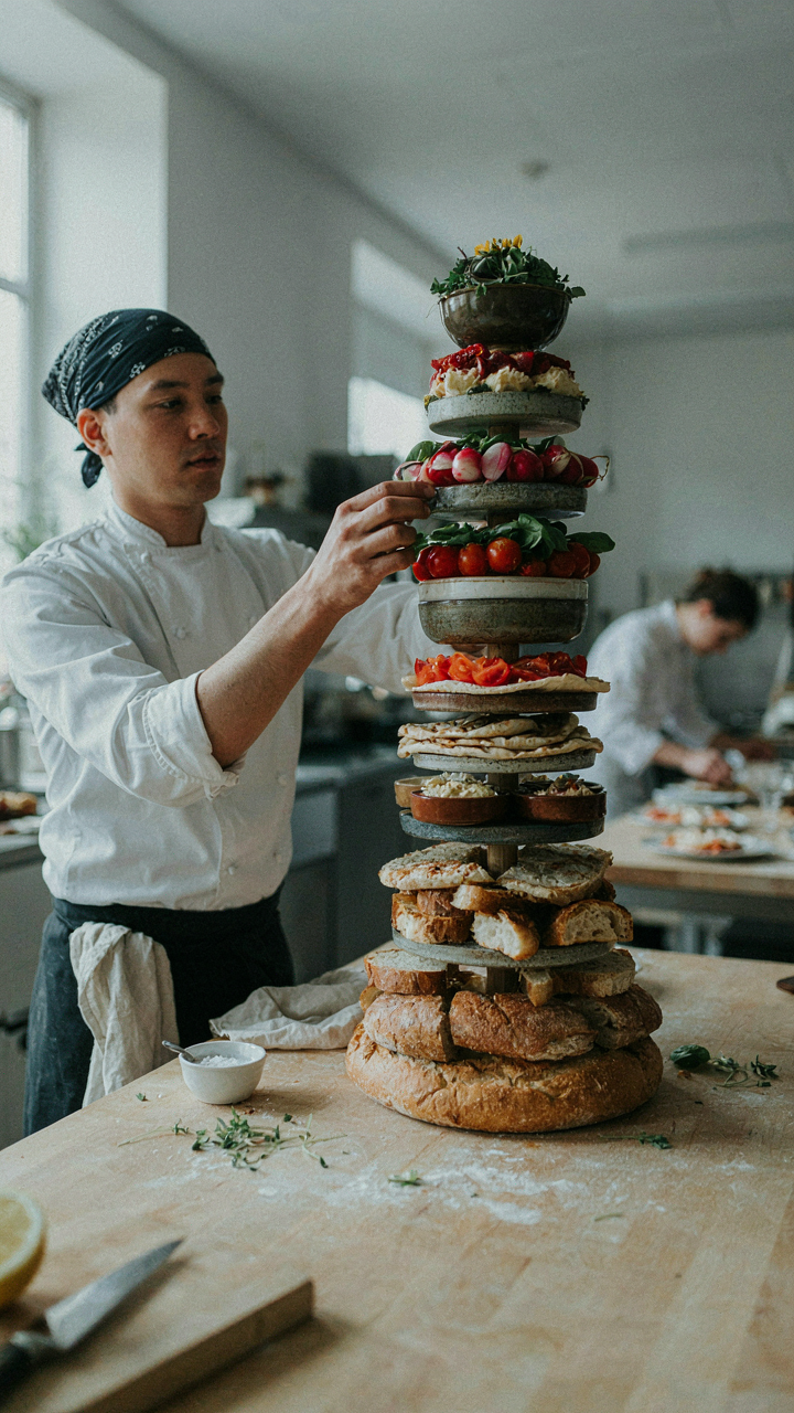 A chef building a tall, architectural edible table centerpiece.