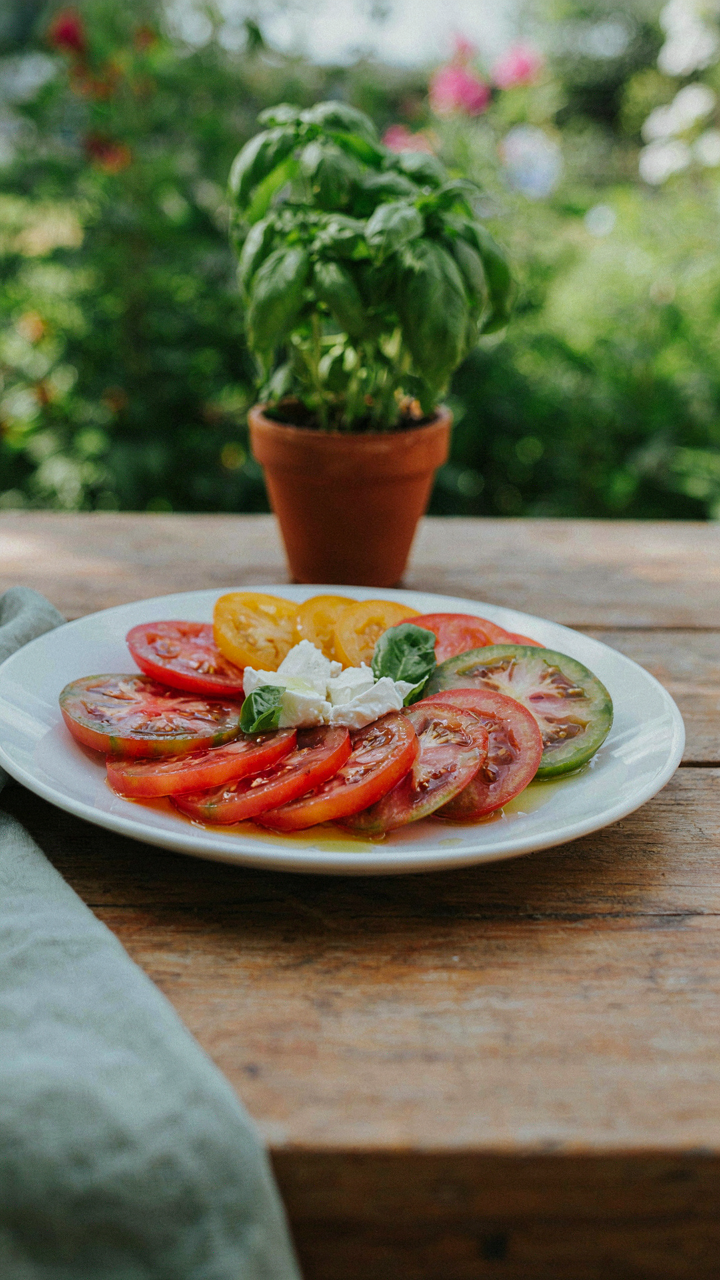 A platter of sliced tomatoes, mozzarella, and basil on a picnic table.