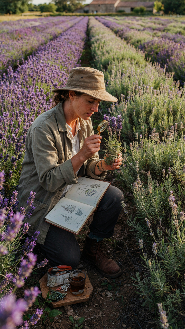 A botanist examines different lavender plants in a field.