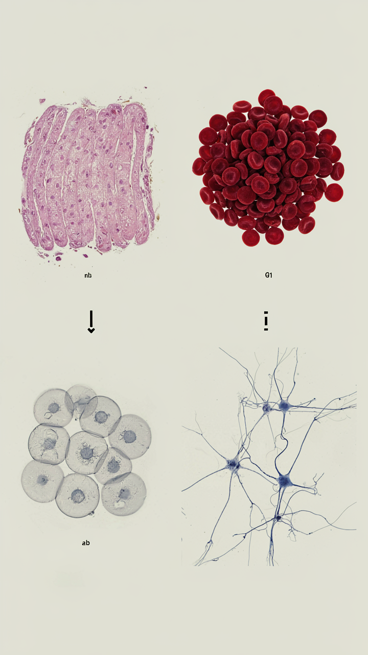 Various types of cells clustered together under a microscope, organized by function.