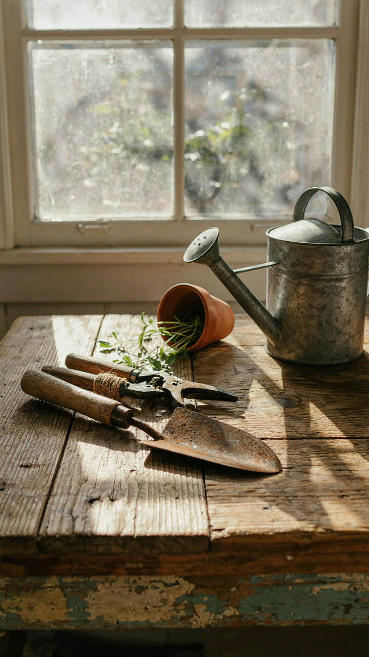 A collection of aged gardening tools on an old wooden workbench.