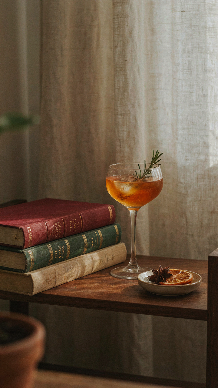 A sophisticated fall mocktail next to curated non-alcoholic drink recipe books.