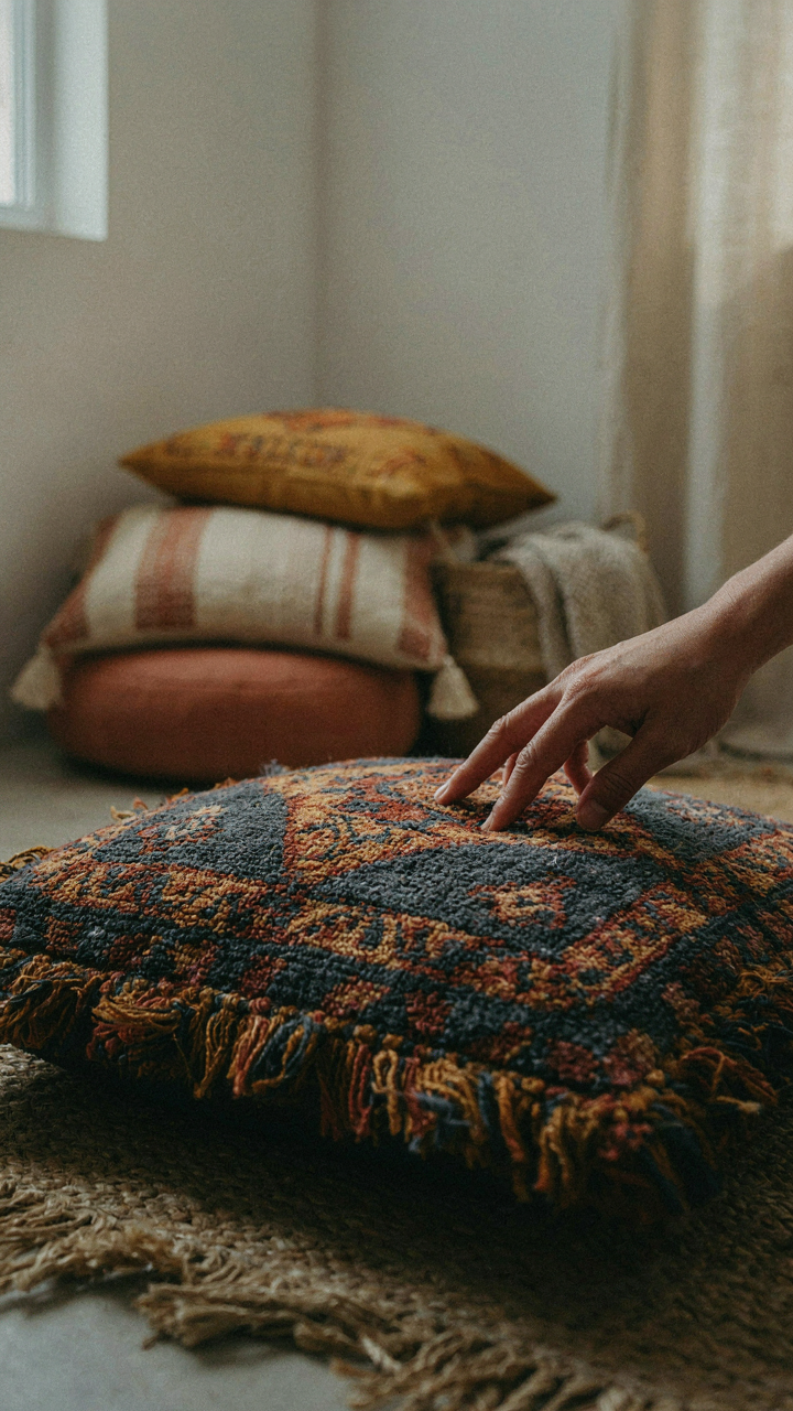 A hand presses a finger into a soft boho cushion.