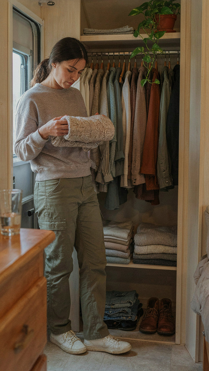 A person thoughtfully takes an item out of an RV closet.