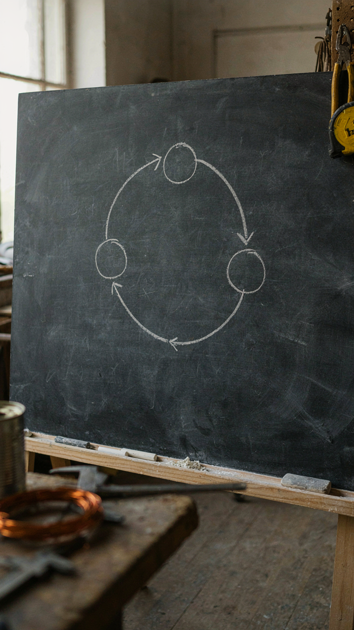 A circular feedback loop diagram is drawn on a dusty blackboard in a workshop.