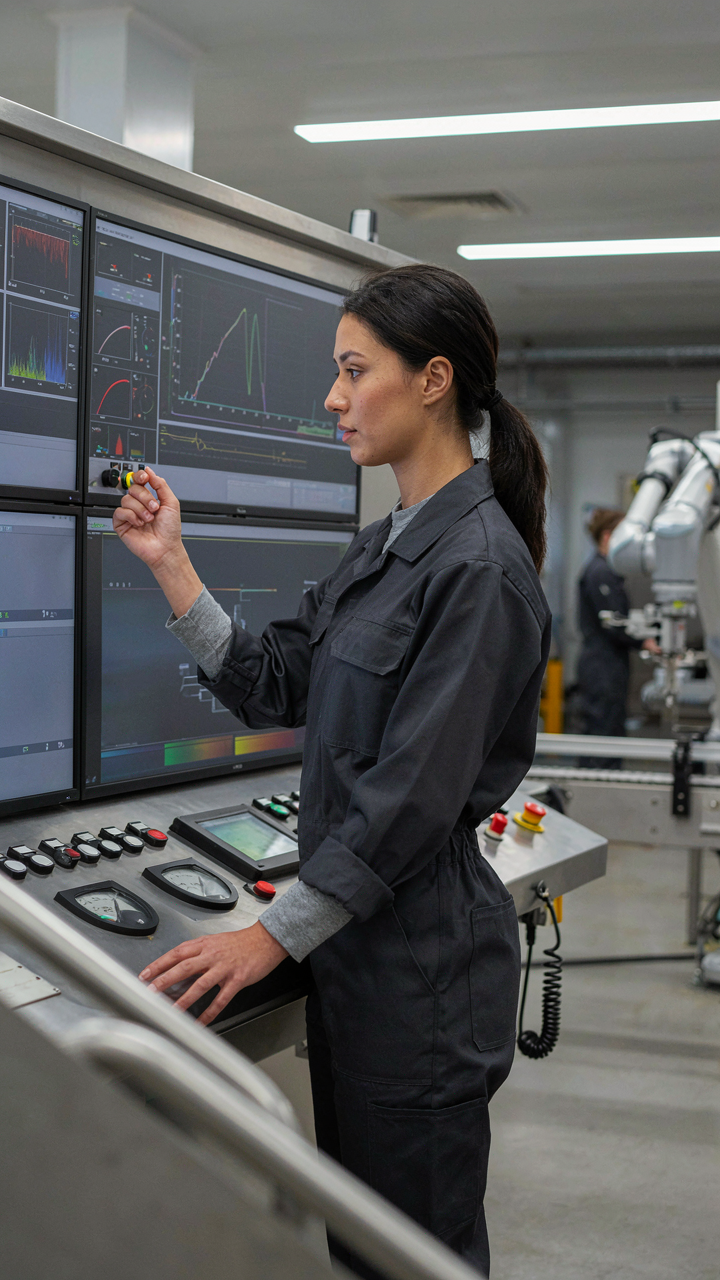 An engineer adjusting controls in a factory, optimizing a continuous process.