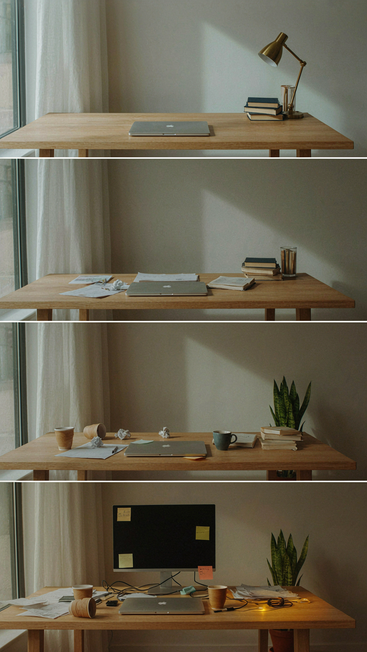 A clean desk slowly gets covered with papers and coffee cups.