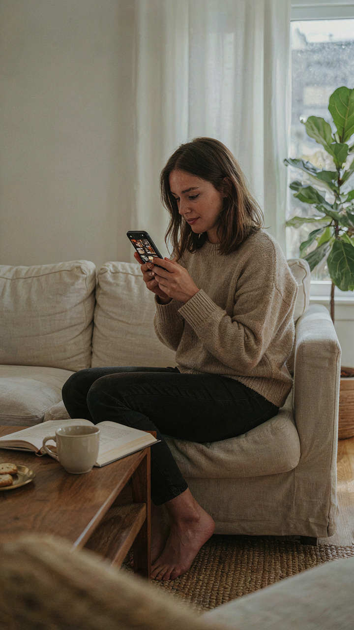 A person scrolls through many beautiful dinner party photos on a phone screen.