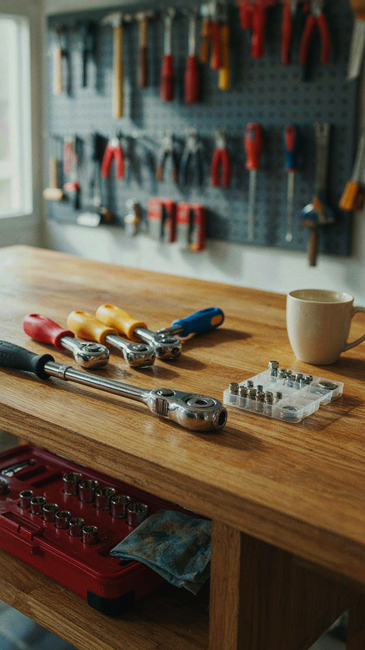 A mechanic's workbench shows tools neatly arranged and clearly labeled.
