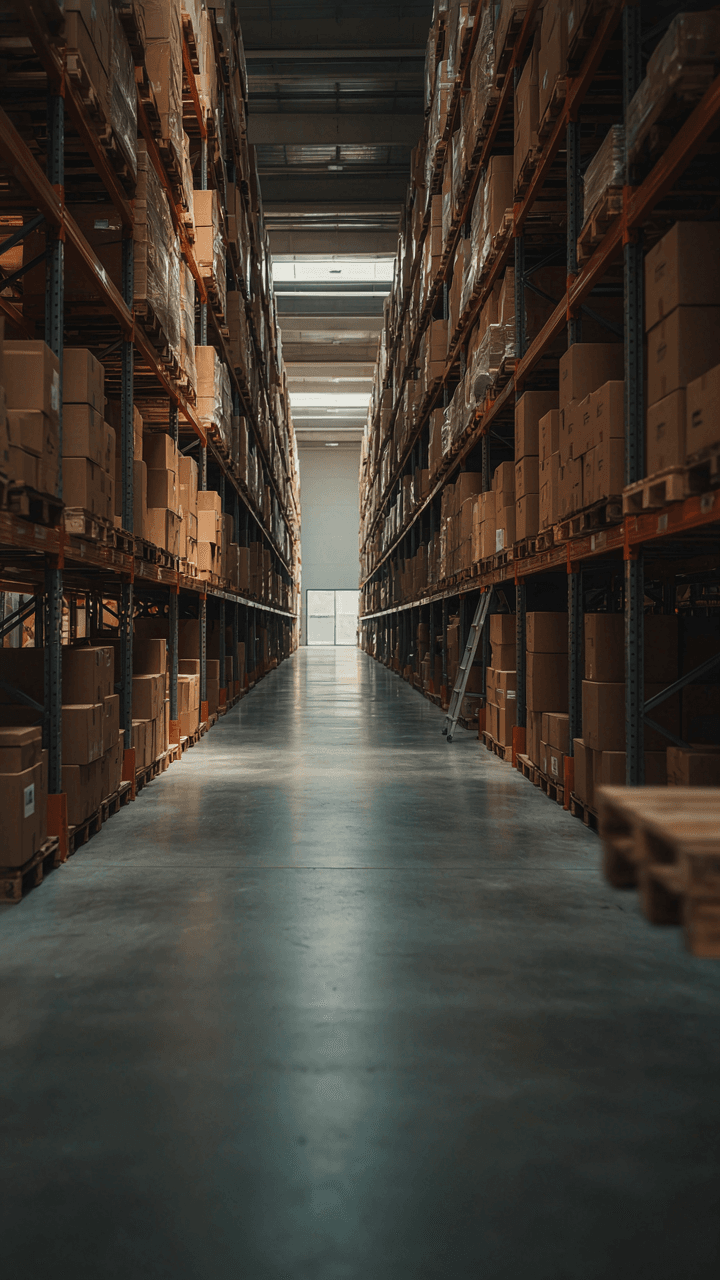 Warehouse shelves are full of boxes marked with style names.