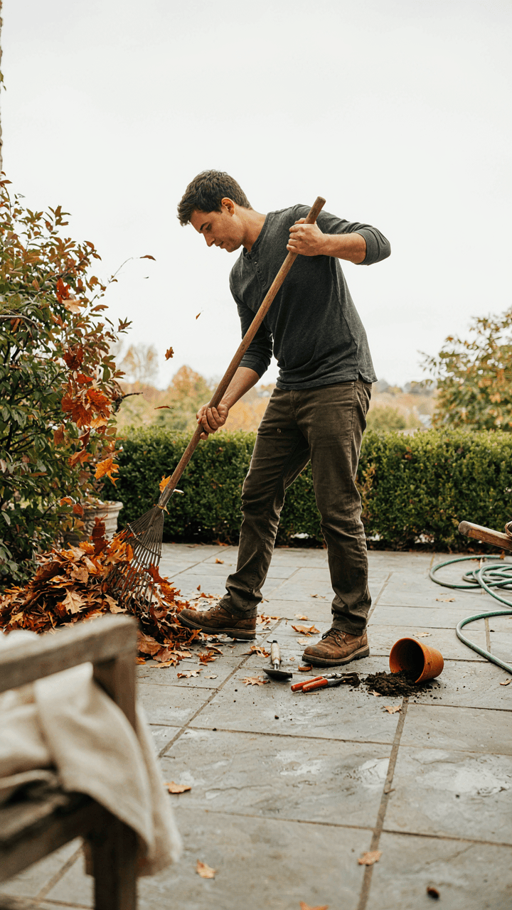 A person tidies a patio, removing clutter to reveal a clean space.