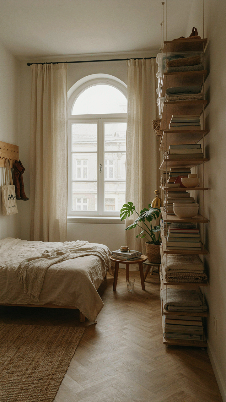 A tiny apartment uses vertical storage, with shelves and hooks covering the walls.