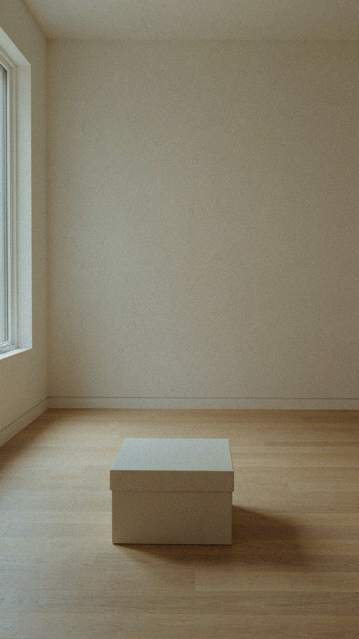 A minimalist, empty room has only one perfectly organized box in the middle.