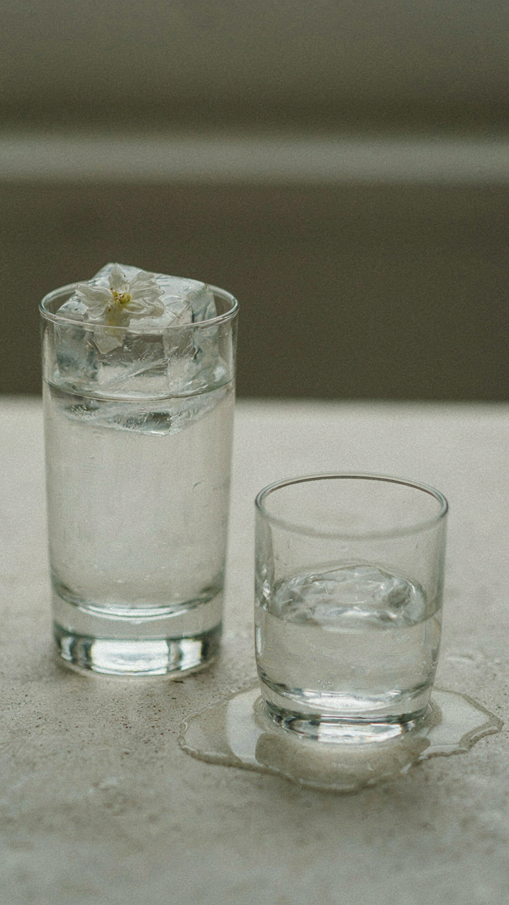 A large flower ice cube melts slowly next to a small, fast-melting one.