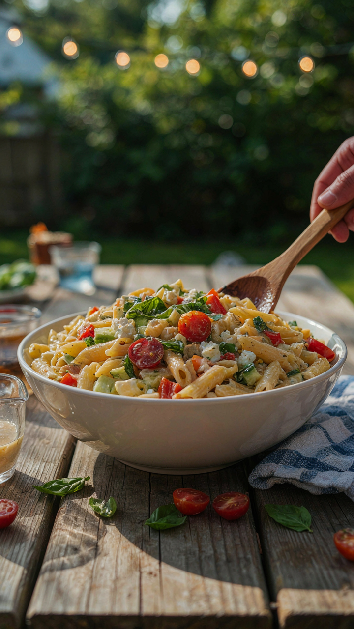 A fresh and colorful pasta salad sits on a table at a party.