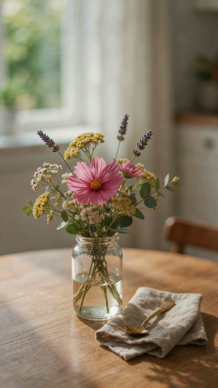 A dominant wildflower stands out in a small bouquet on a round table.