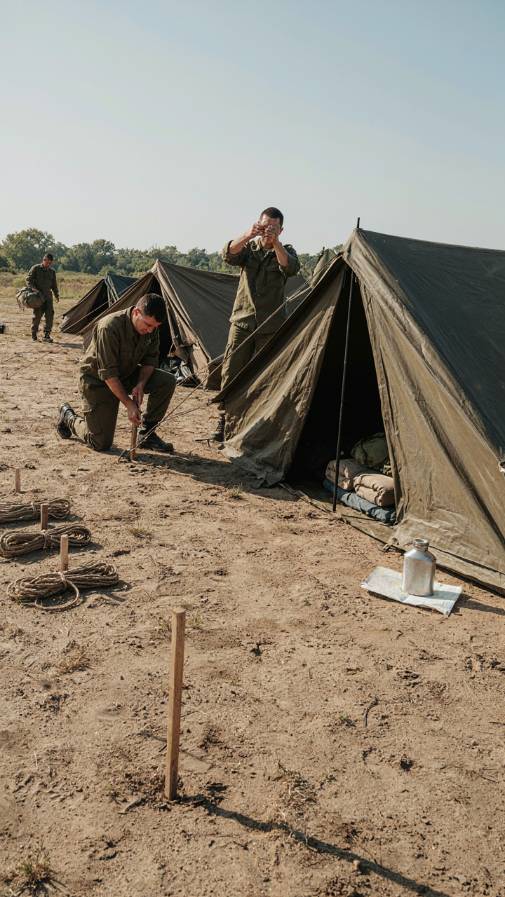 A military field tent being set up with equipment in its place.
