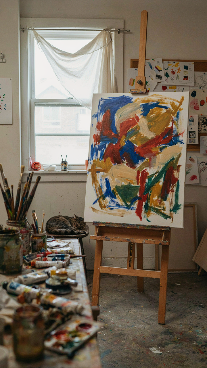 A messy artist's studio has paint splatters, but a clear artwork on an easel.