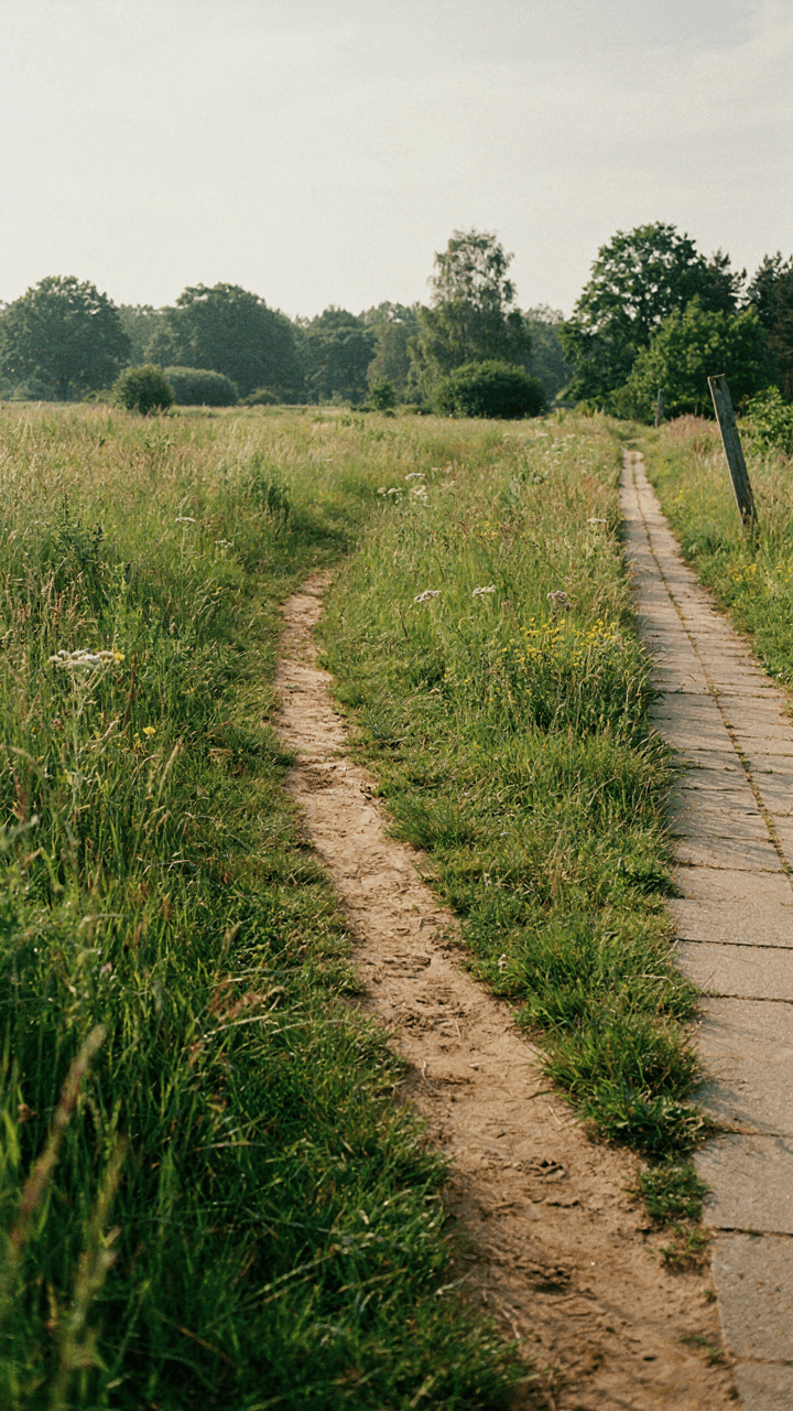 A dirt path cuts through a field next to a paved walk.
