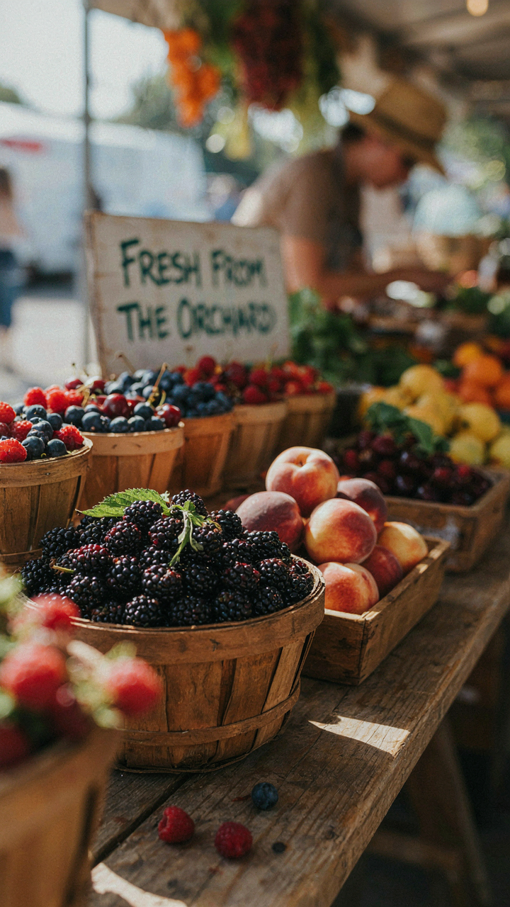 A farmer's market stall with ripe seasonal berries and stone fruits.