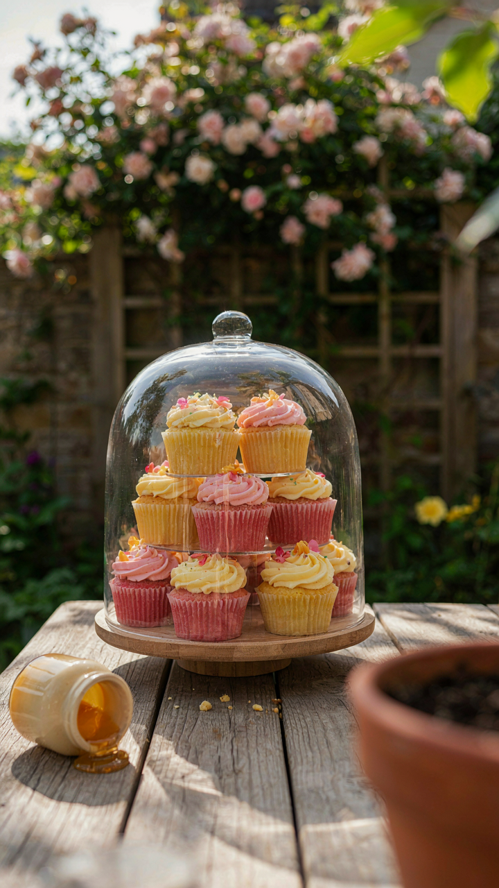An outdoor cupcake display is protected by a clear dome in a garden.