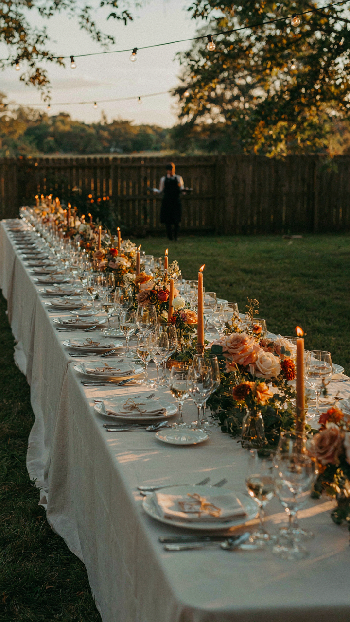 A backyard wedding long table dinner setup shows warm air rising at one end and cool air at the