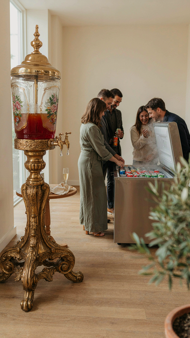 An ornate but unused beverage dispenser sits on a table at an outdoor party.