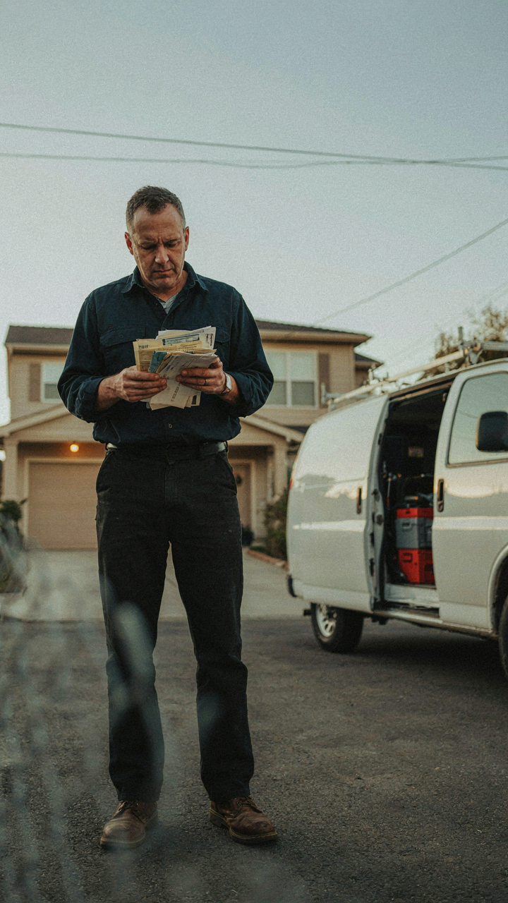 Person looking at high heating and cooling bills near a van.