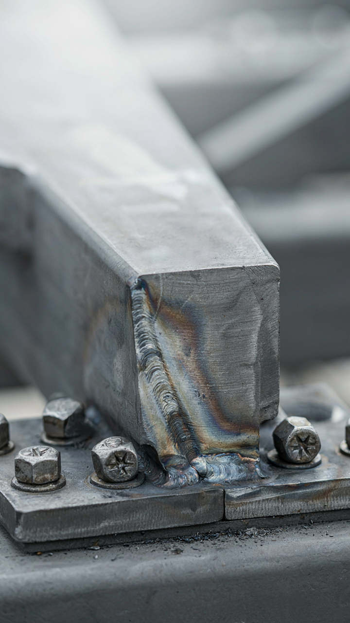 A metal beam joint with bolts and welds shows strong engineering.