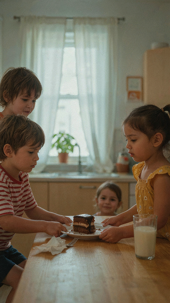 Two children argue over a single slice of cake, a zero-sum game.