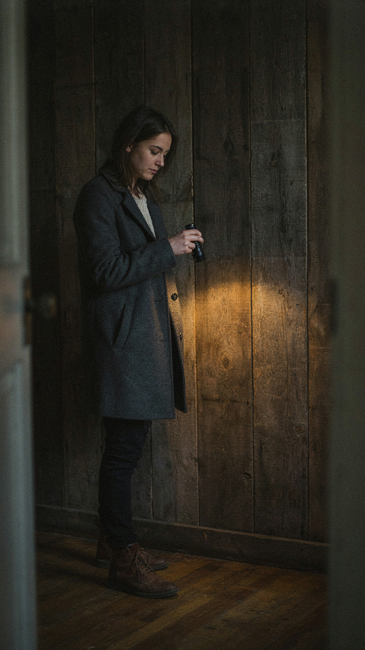 A person holds a flashlight, directing its focused beam onto a spot.
