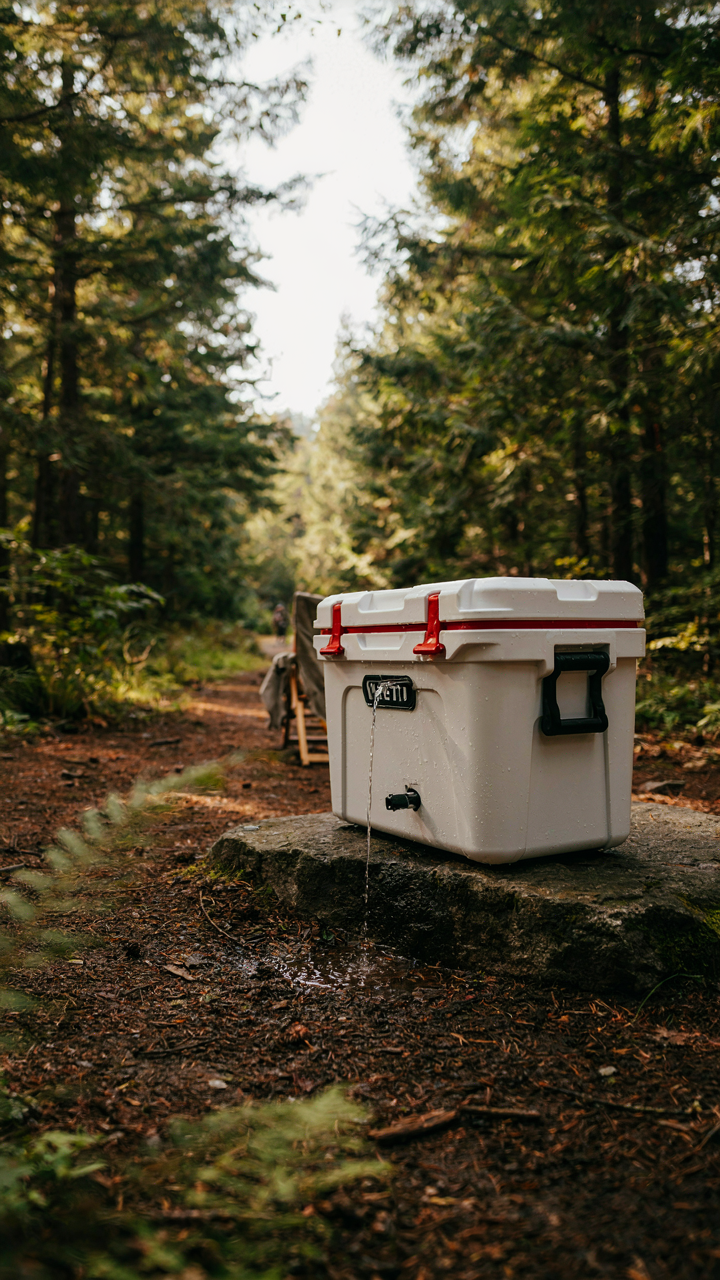 Meltwater drains from the spout of a camping cooler onto the ground.