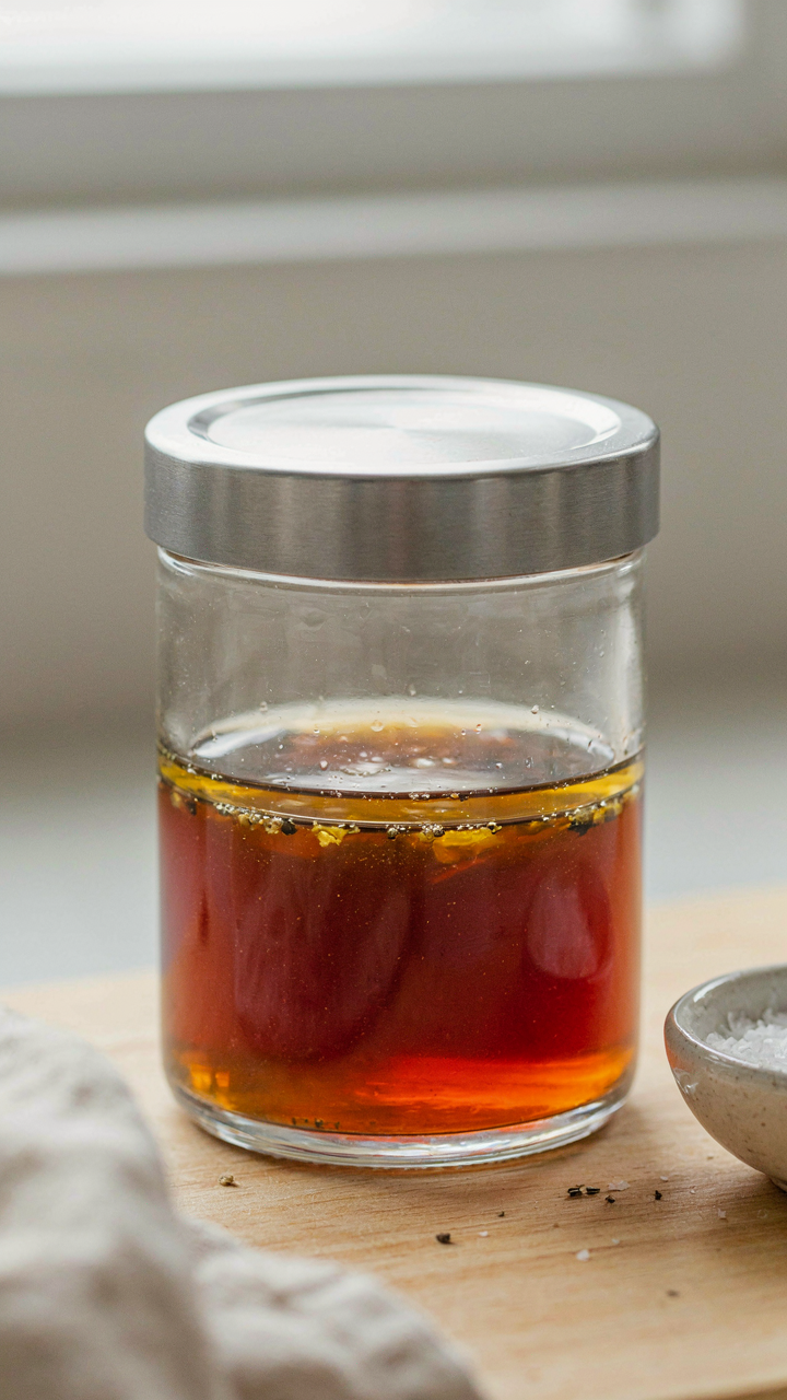 Clear layers of oil and vinegar are visible in a glass jar.