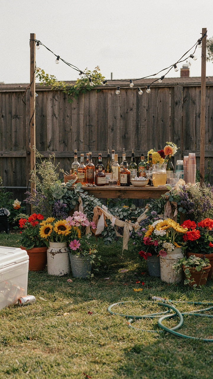 An overcrowded backyard drink station with many decorations and bottles.