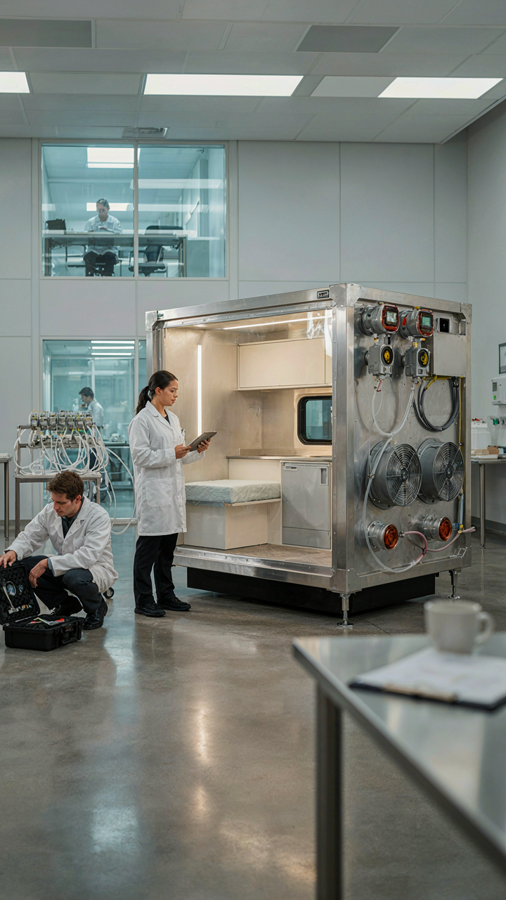A lab with sensors and fans measuring air exchange in a sealed chamber for rv moisture control.