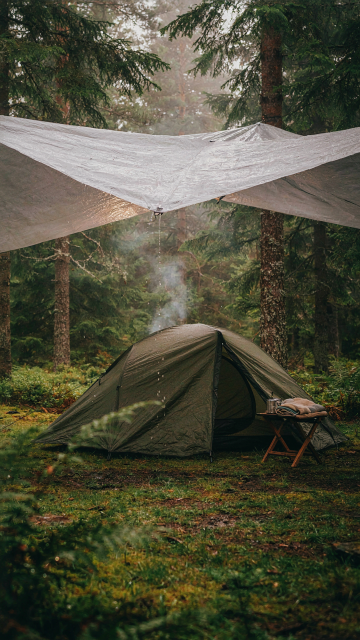 A camping tent is set up under a tarp on sloped ground for rain drainage.
