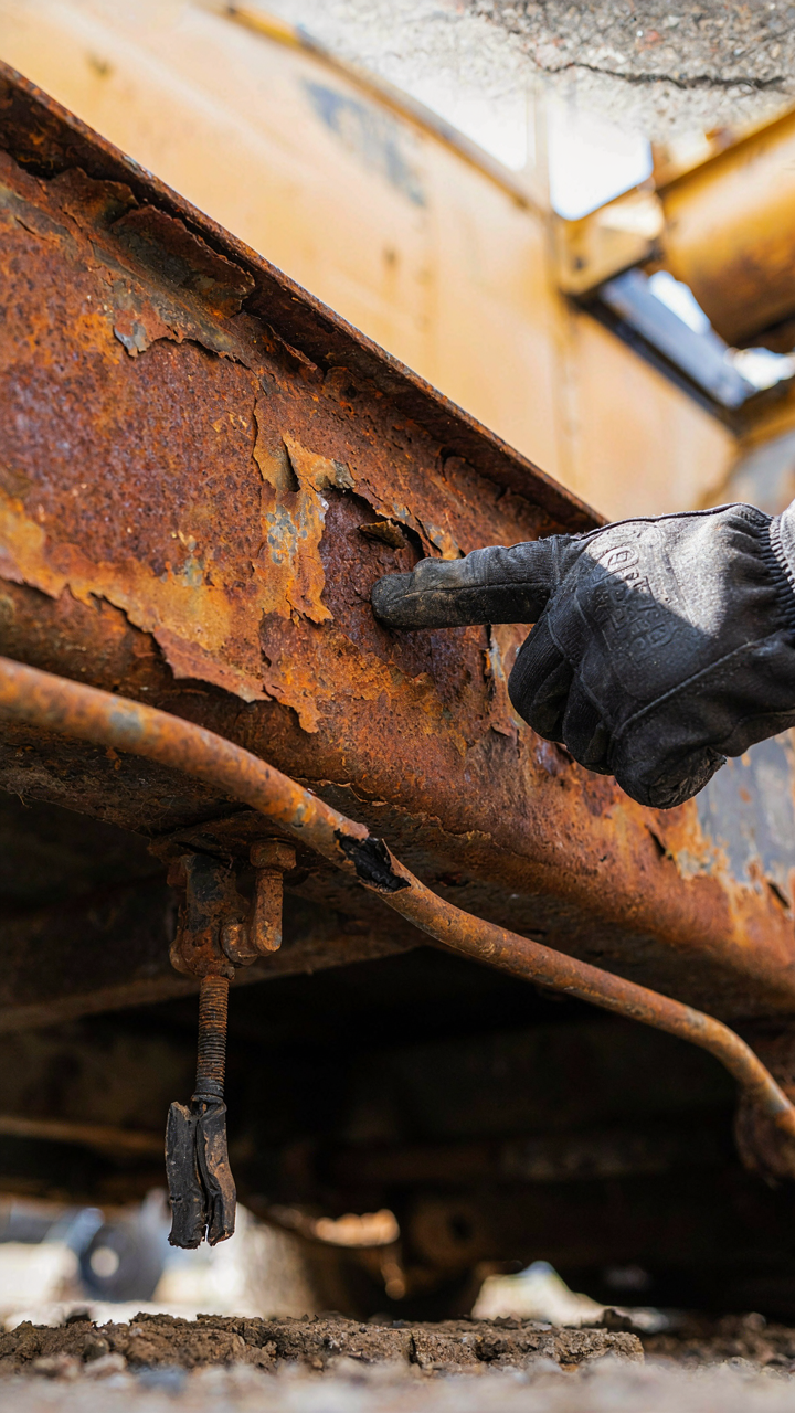 A mechanic's hand points to severe rust on a school bus's undercarriage.